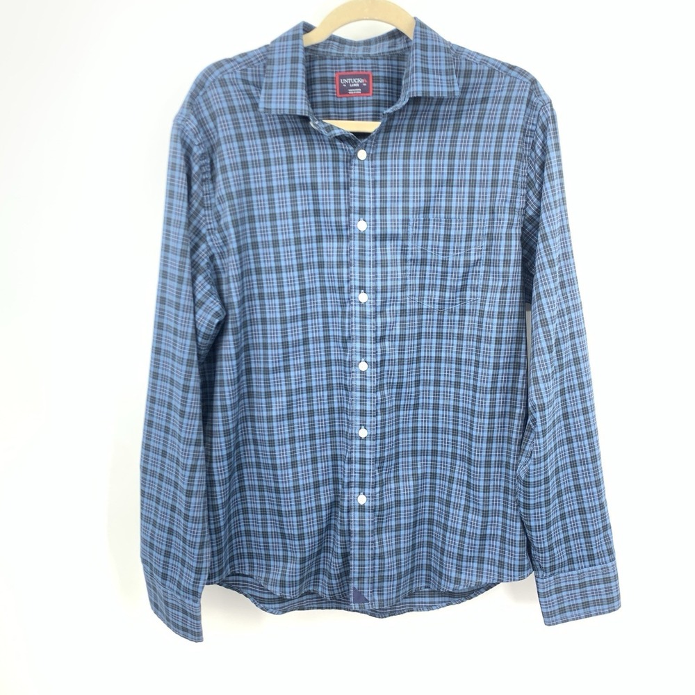 Untuckit‎ Men Size Large Shirt Button Down Top Long Sleeve Blue Checkered Plaid